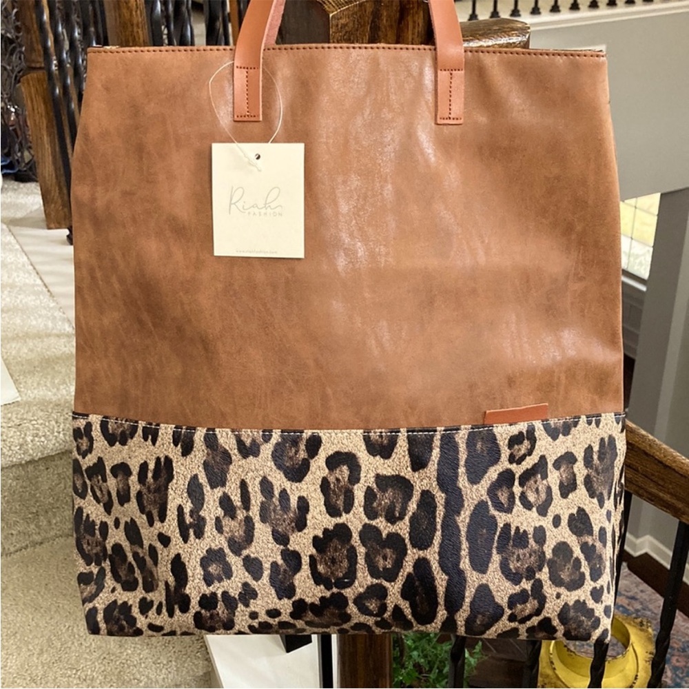 Brown Faux Leather with Leopard Print Tote - Picture 3 of 13